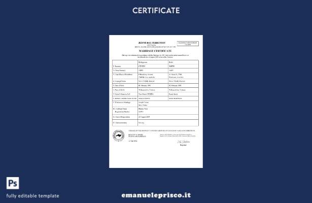 modello di certificato di matrimonio Australia Jervis Bay Territory in stile ver
